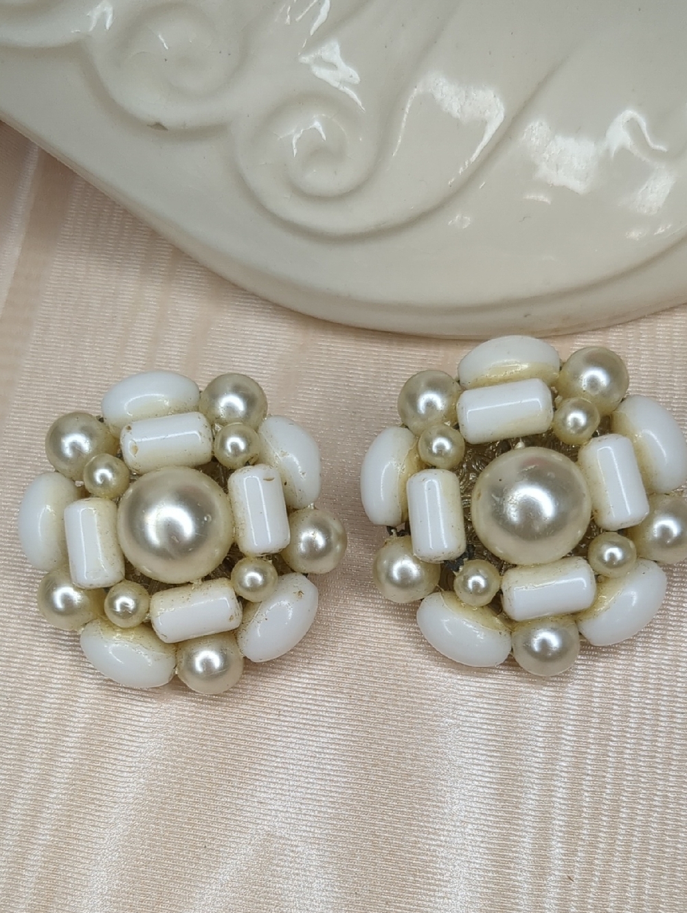 Vintage 50s Cluster Bead Earrings Pearl Crystal Center Post World War II